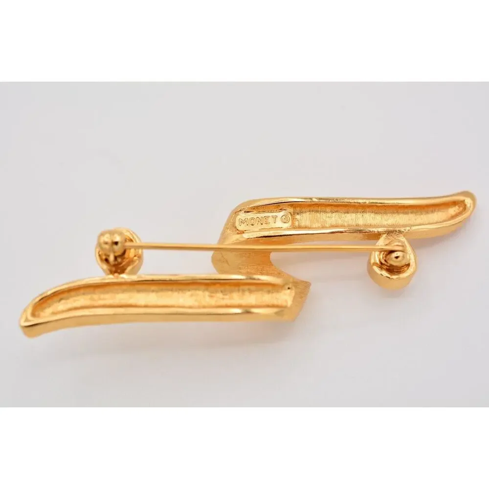 Monet Vintage Abstract Pin Brooch Brushed Gold Textured Bow Signed 1980s BinAT